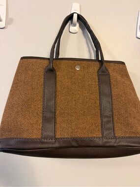 Brown Herringbone Tote Bag with Dark Brown Trim